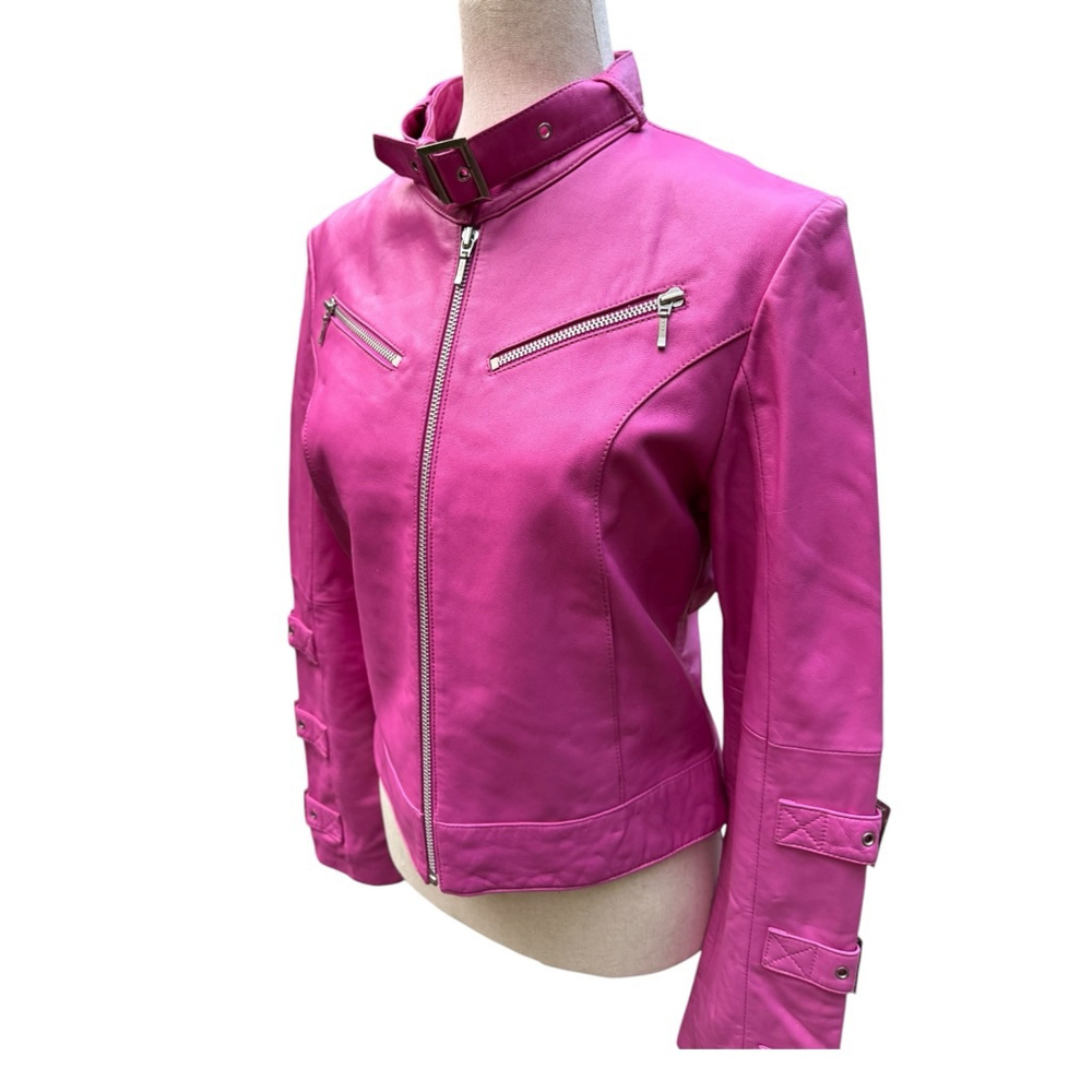 Fuchsia Pink Leather Moto Jacket São Paulo Size 6 – Cropped Buckle Sleeve Biker - Picture 3 of 15